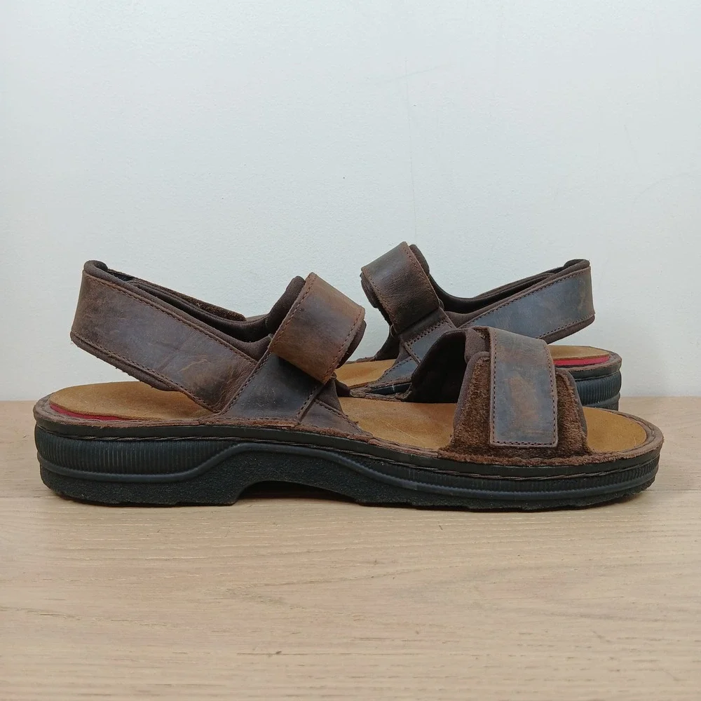Naot Sandals Mens 12 Brown Leather Three-Strap Adjustable Comfort